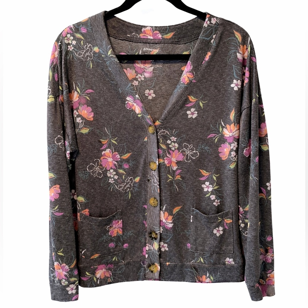 Button-Front Cardigan - Gray with Pink Floral